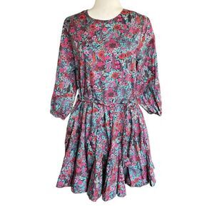 EVEREVE Sutton Cotton Tie Waist Floral Dress Sz S Pleats Puff Sleeves Feminine